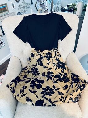 Black Top with Tan & Black Floral Skirt Dress
